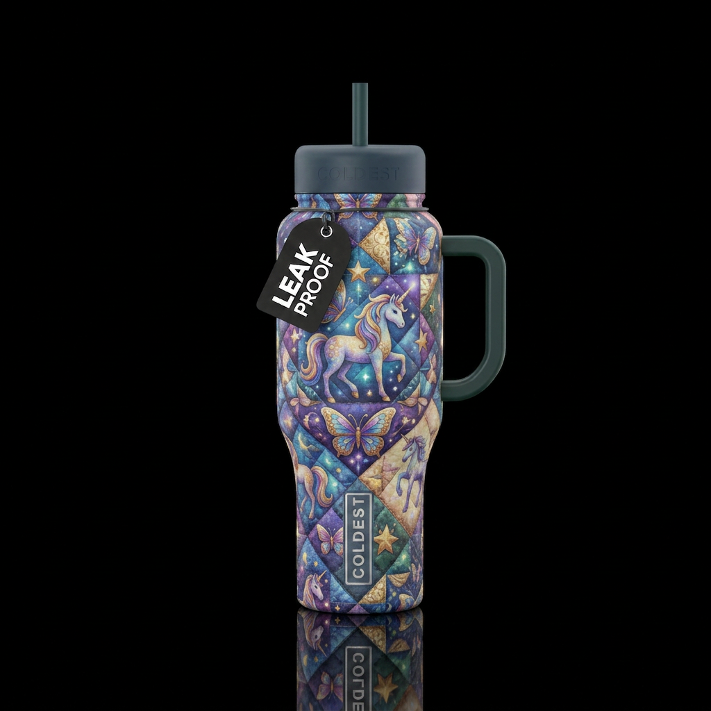 Country style unicorns butterflies and stars quilt... water bottle design