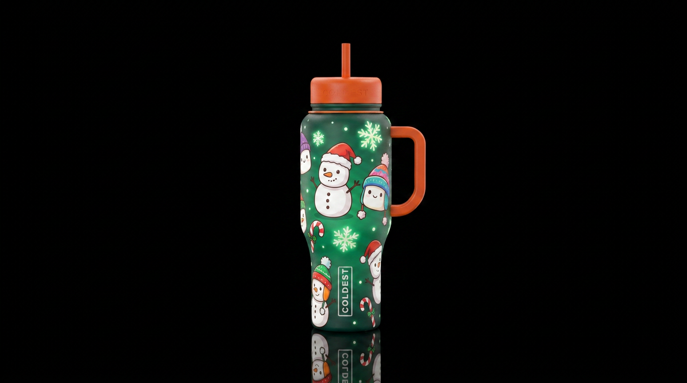 Marshmallow snowmen wearing Santa hats and winter ... water bottle design
