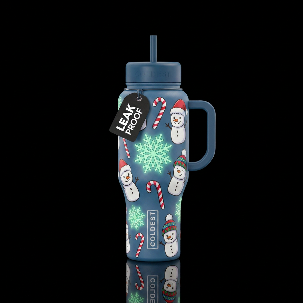 Marshmallow snowmen wearing Santa hats and winter ... water bottle design