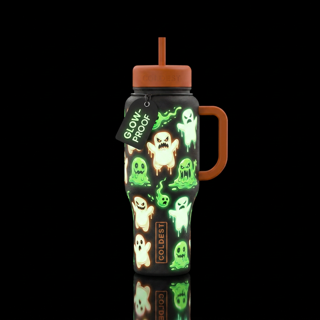 Scary halloween inbued glow in the dark marshmallo... water bottle design