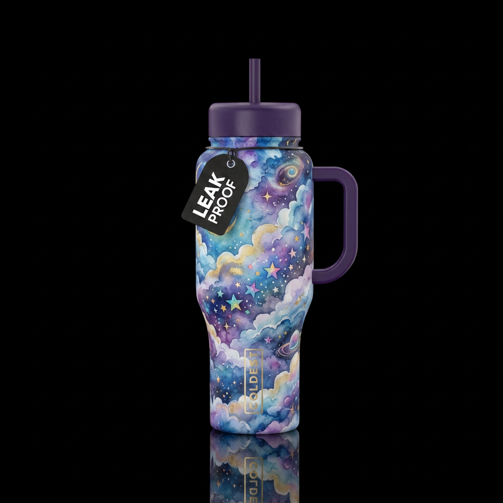 watercolor, clouds and stars realism, magical, mod... water bottle design