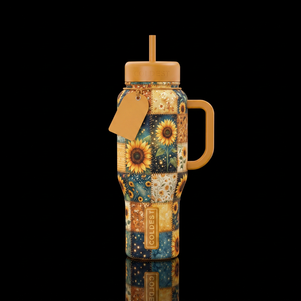 Country style patch work with sunflowers, vibrant,... water bottle design