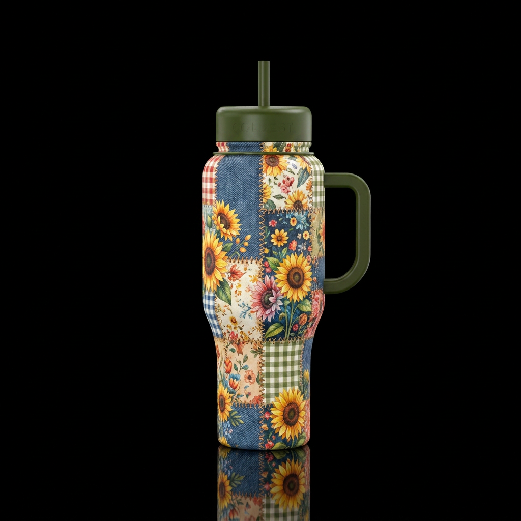 Country style patch work with sunflowers, vibrant,... water bottle design
