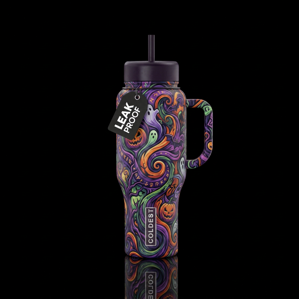 Halloween swirl, scary, funny, fantasy, vibrant, m... water bottle design