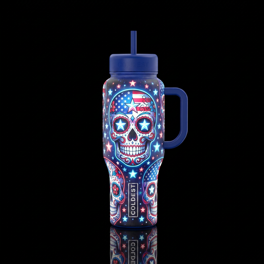 USA colors inbued Sugar Skulls with stars, beautiu... water bottle design