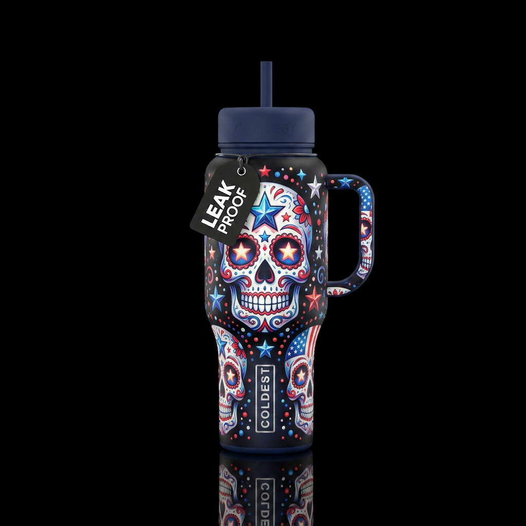 USA colors inbued Sugar Skulls with stars, beautiu... water bottle design