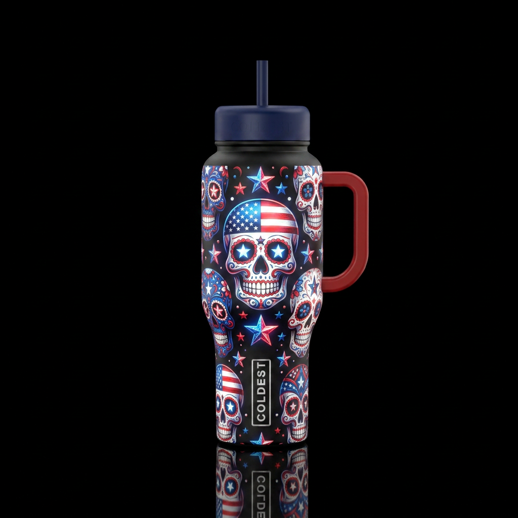 USA colors inbued Sugar Skulls with stars, beautiu... water bottle design
