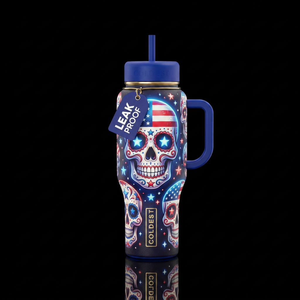 USA colors inbued Sugar Skulls with stars, beautiu... water bottle design