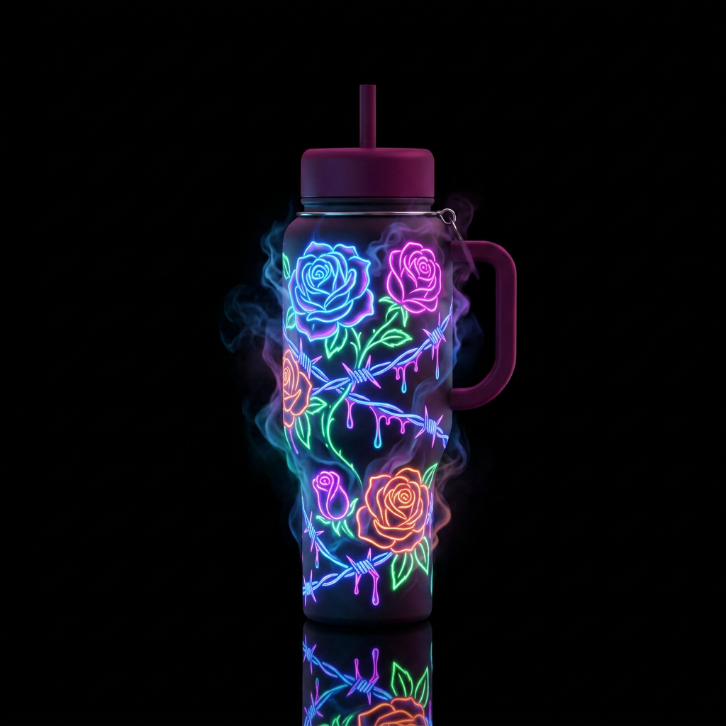 Neon roses and barbwire wrapped around bottle drip... water bottle design