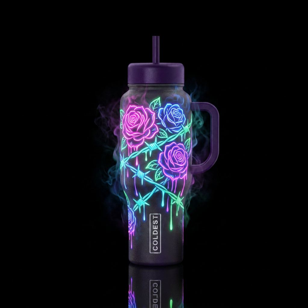 Neon roses and barbwire wrapped around bottle drip... water bottle design