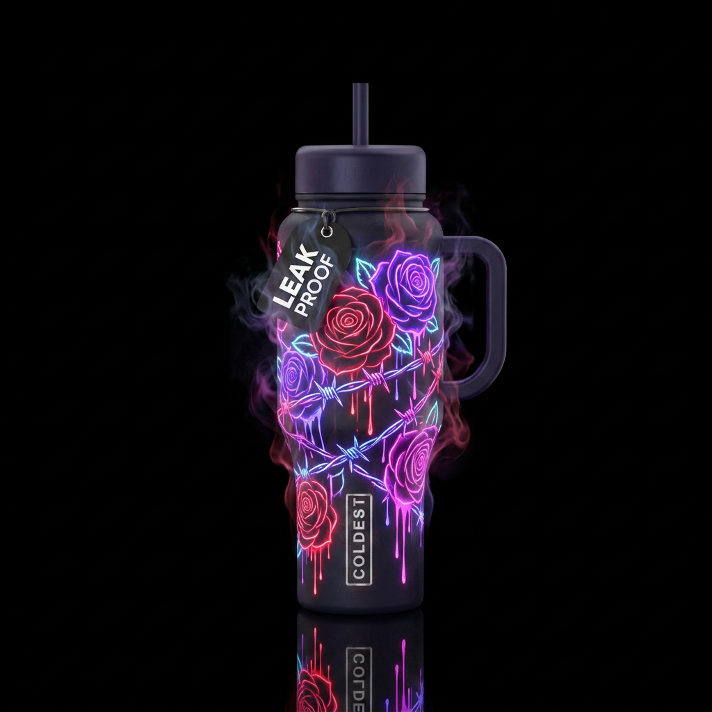 Neon roses and barbwire wrapped around bottle drip... water bottle design