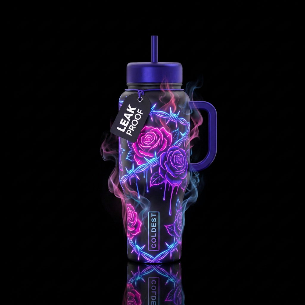 Neon roses and barbwire wrapped around bottle drip... water bottle design