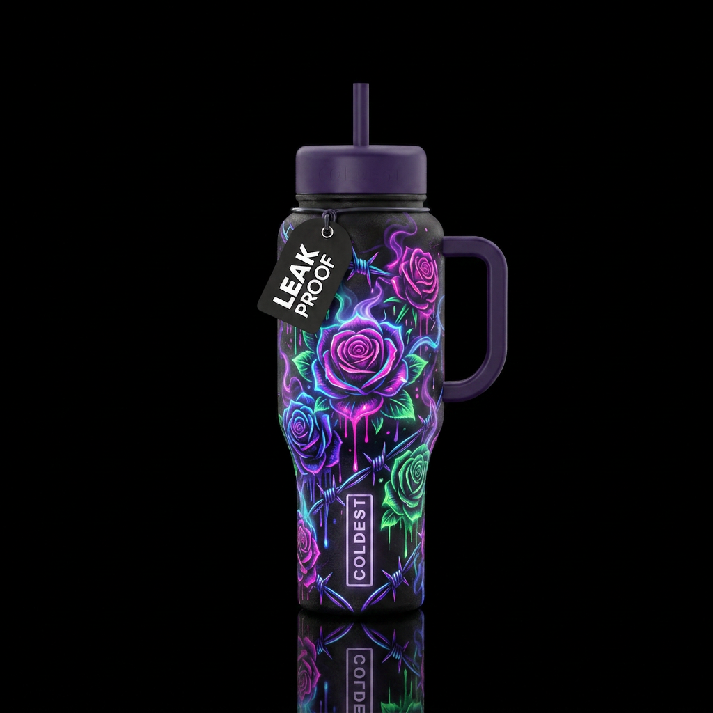 Neon roses and barbwire wrapped around bottle drip... water bottle design