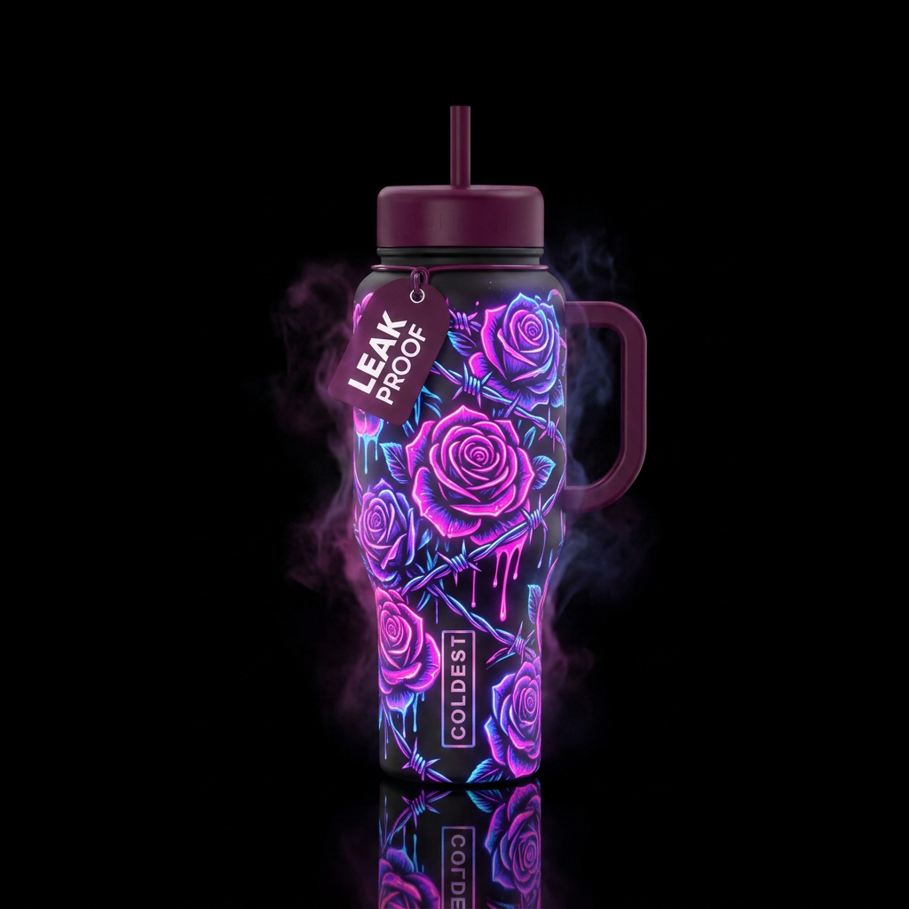 Neon roses and barbwire wrapped around bottle drip... water bottle design