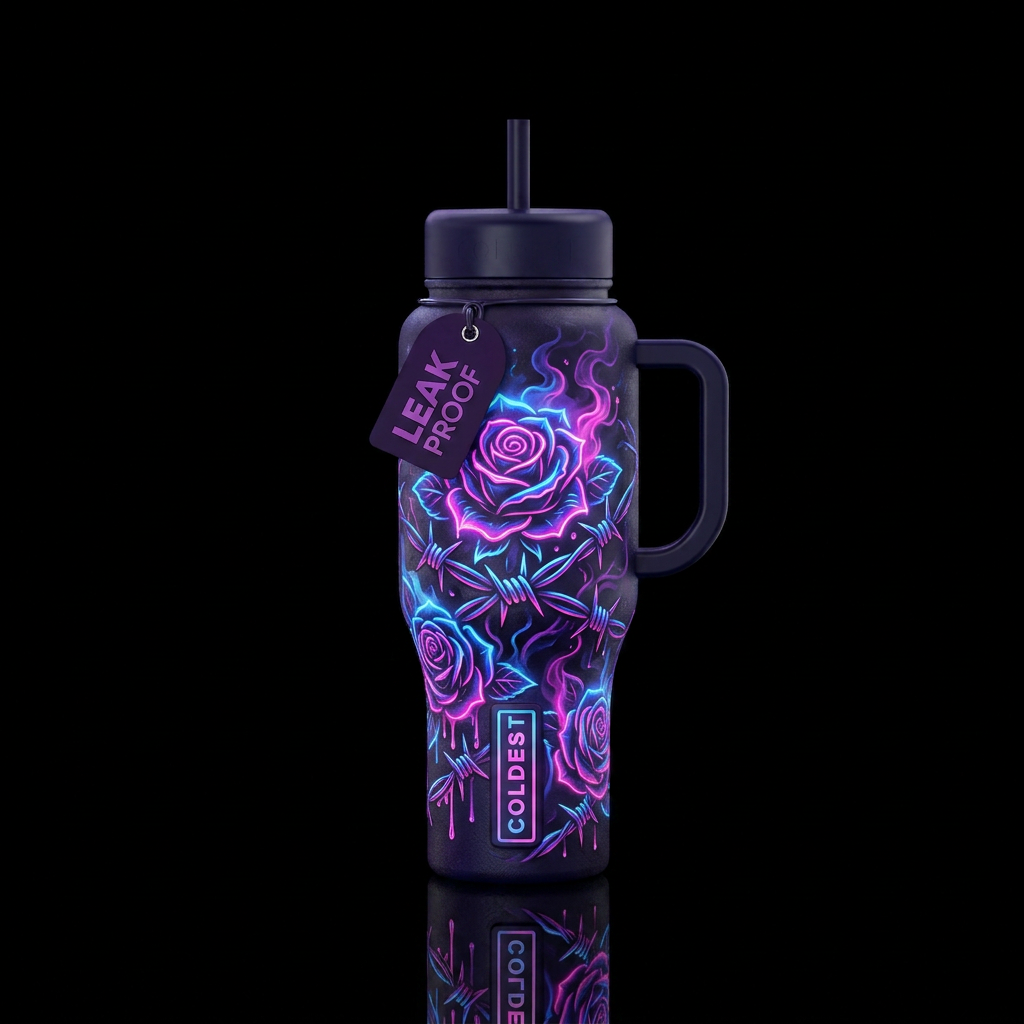 Neon roses and barbwire wrapped around bottle drip... water bottle design