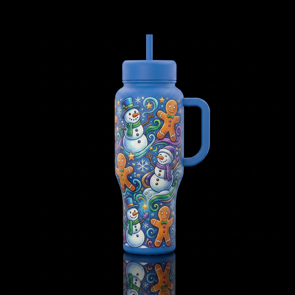 Mr. Snowy and Mr. Gingy, snowmen and gingerbread m... water bottle design