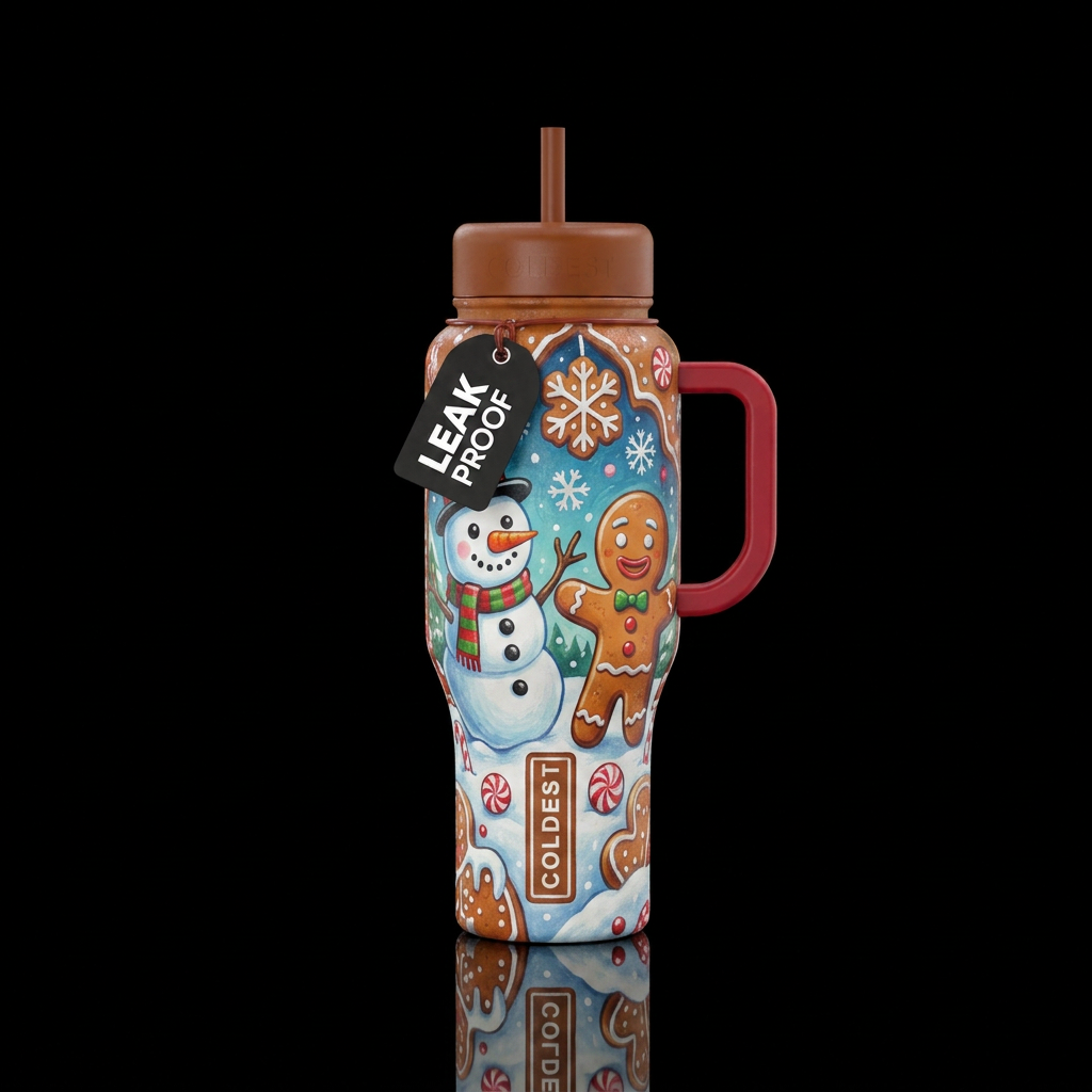 Mr. Snowy and Mr. Gingy, snowmen and gingerbread m... water bottle design