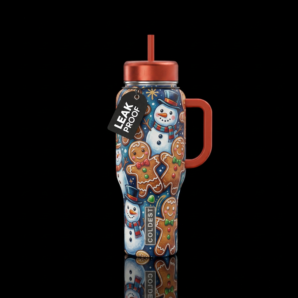 Mr. Snowy and Mr. Gingy, snowmen and gingerbread m... water bottle design