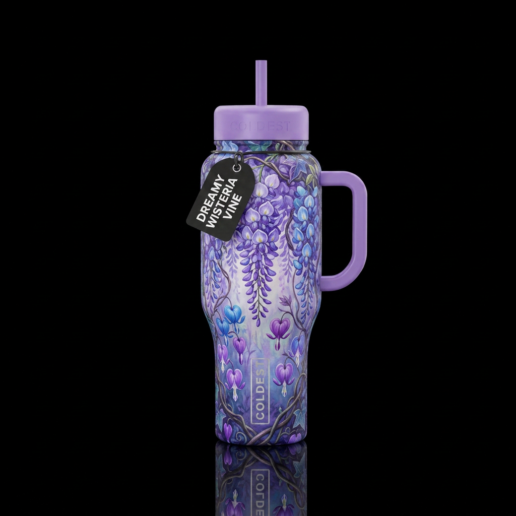 Purple and blue Wisteria hanging and wrapped aroun... water bottle design