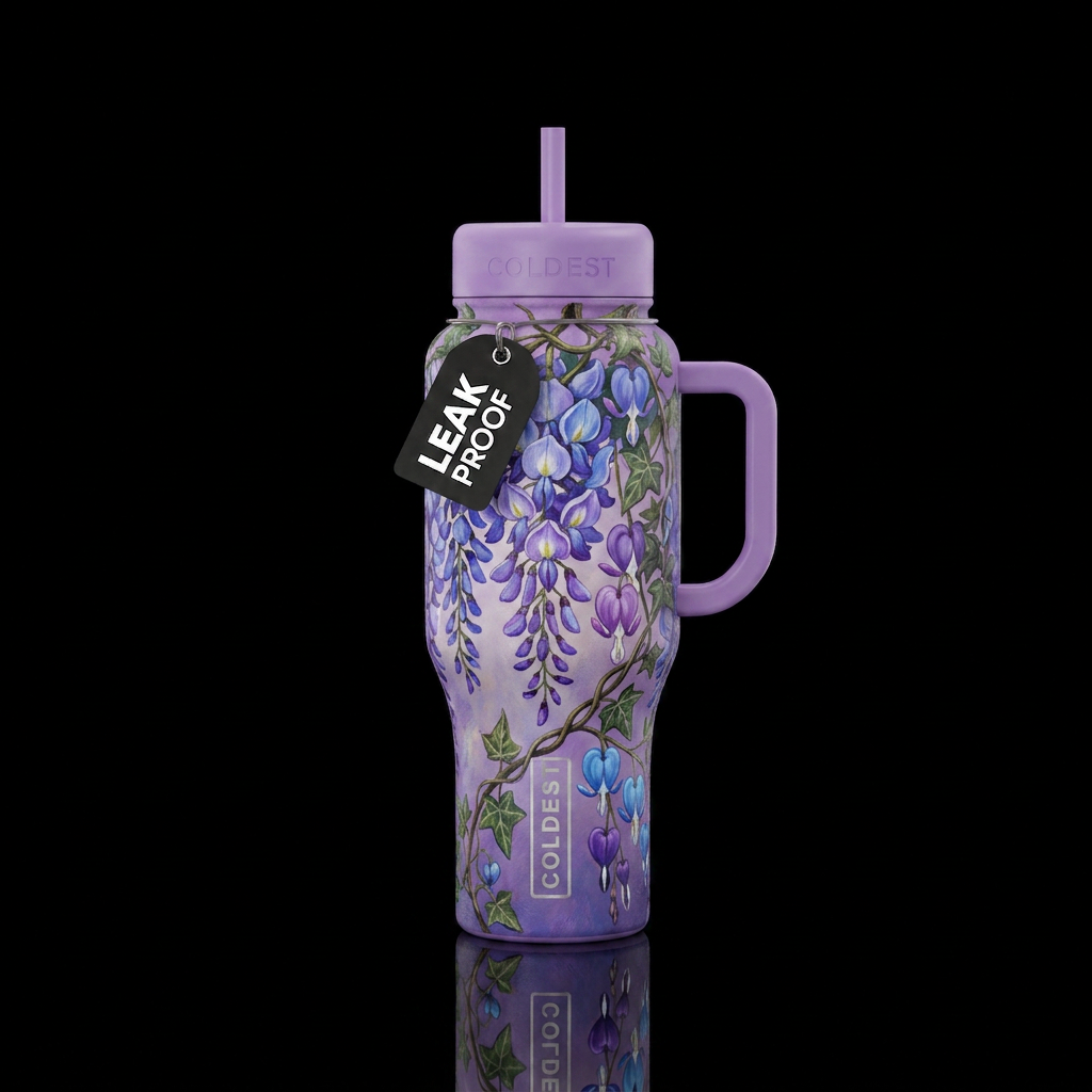Purple and blue Wisteria hanging and wrapped aroun... water bottle design