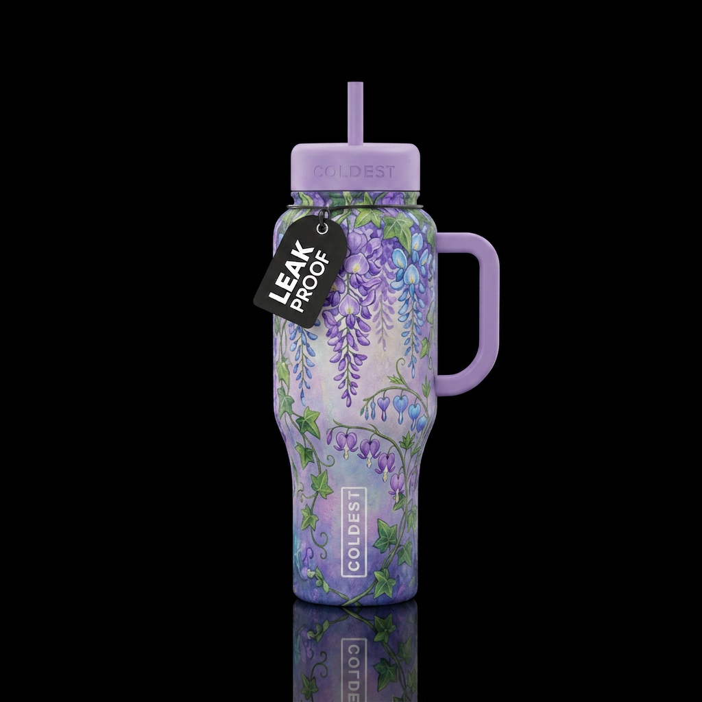 Purple and blue Wisteria hanging and wrapped aroun... water bottle design