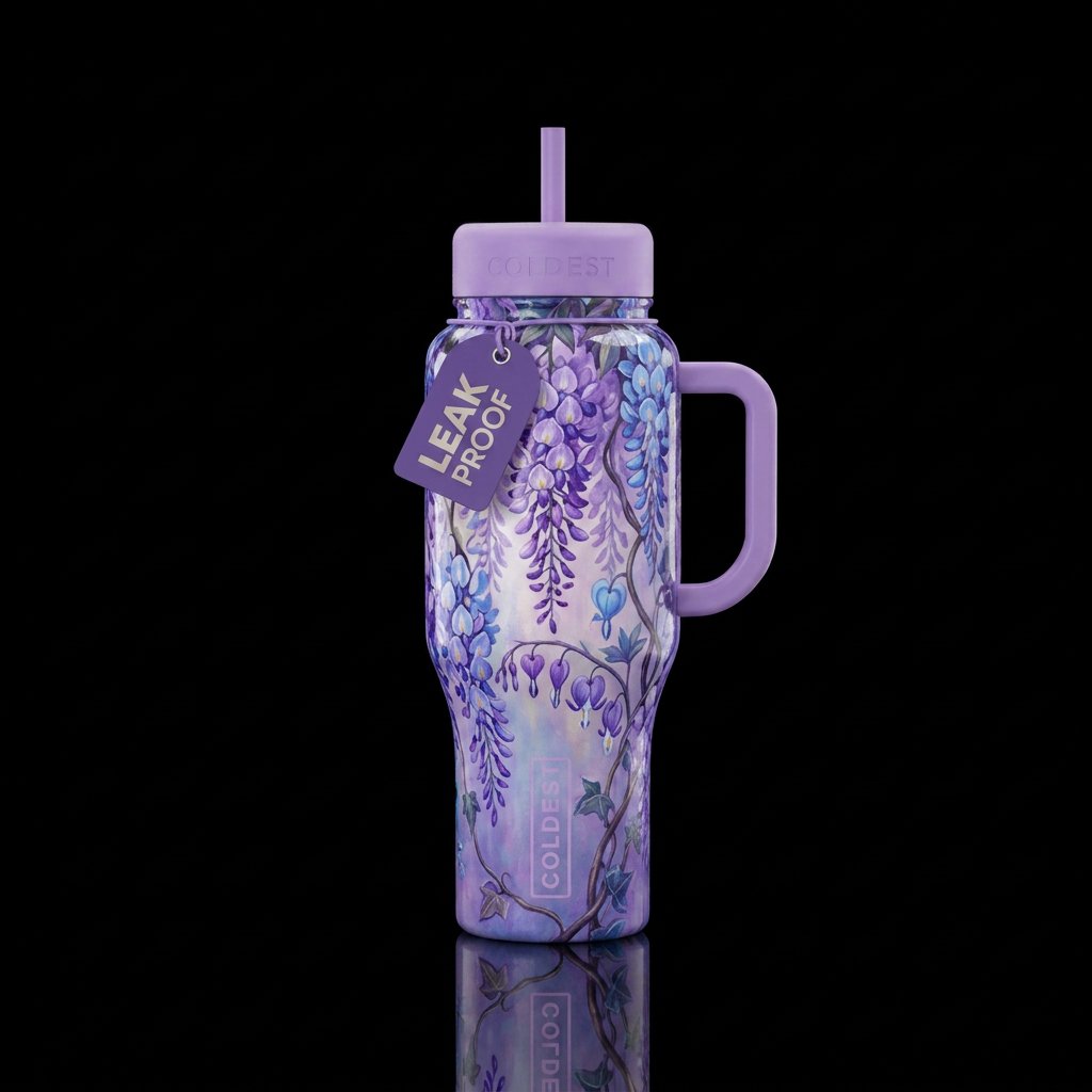 Purple and blue Wisteria hanging and wrapped aroun... water bottle design