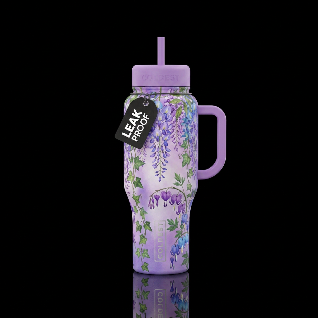 Purple and blue Wisteria hanging and wrapped aroun... water bottle design