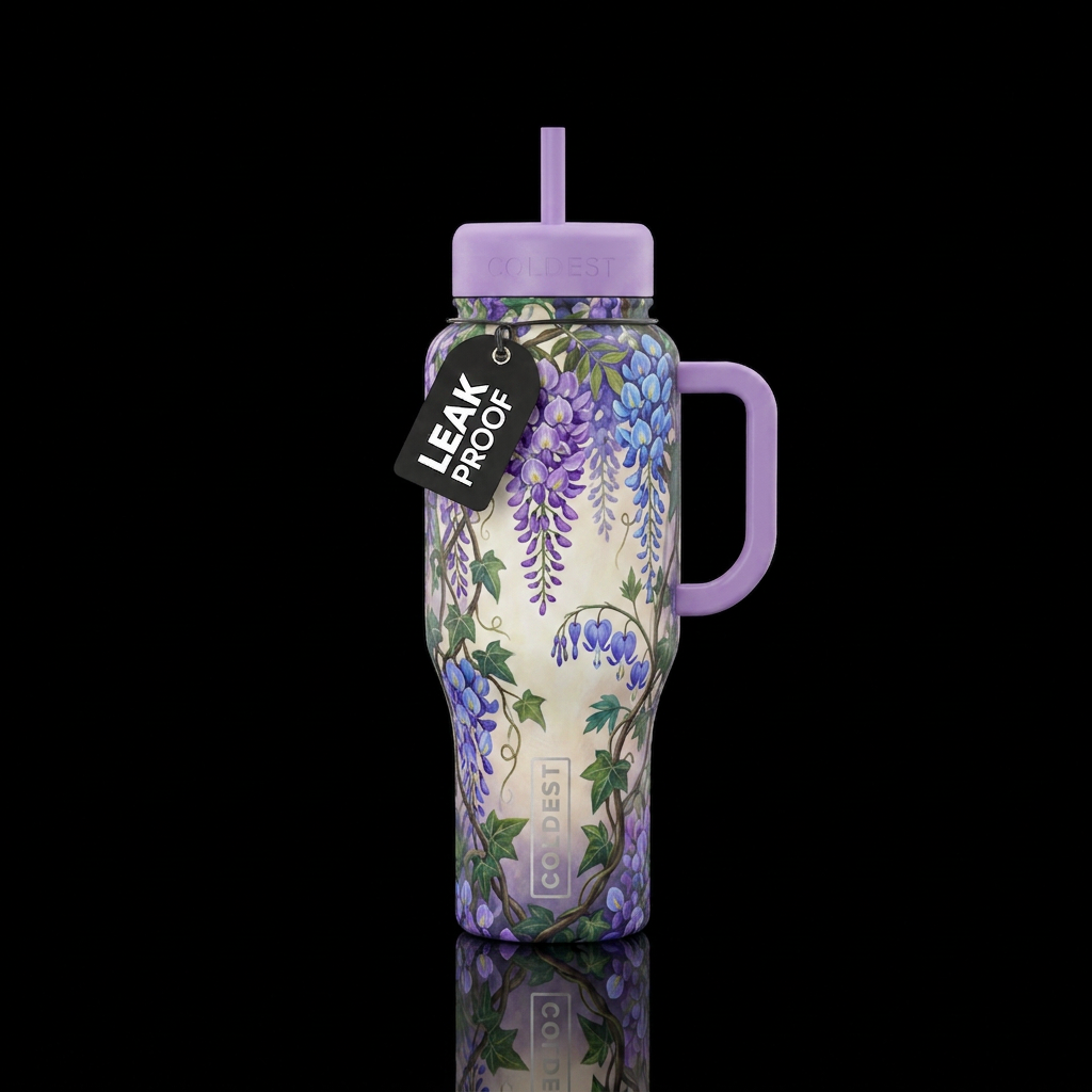 Purple and blue Wisteria hanging and wrapped aroun... water bottle design