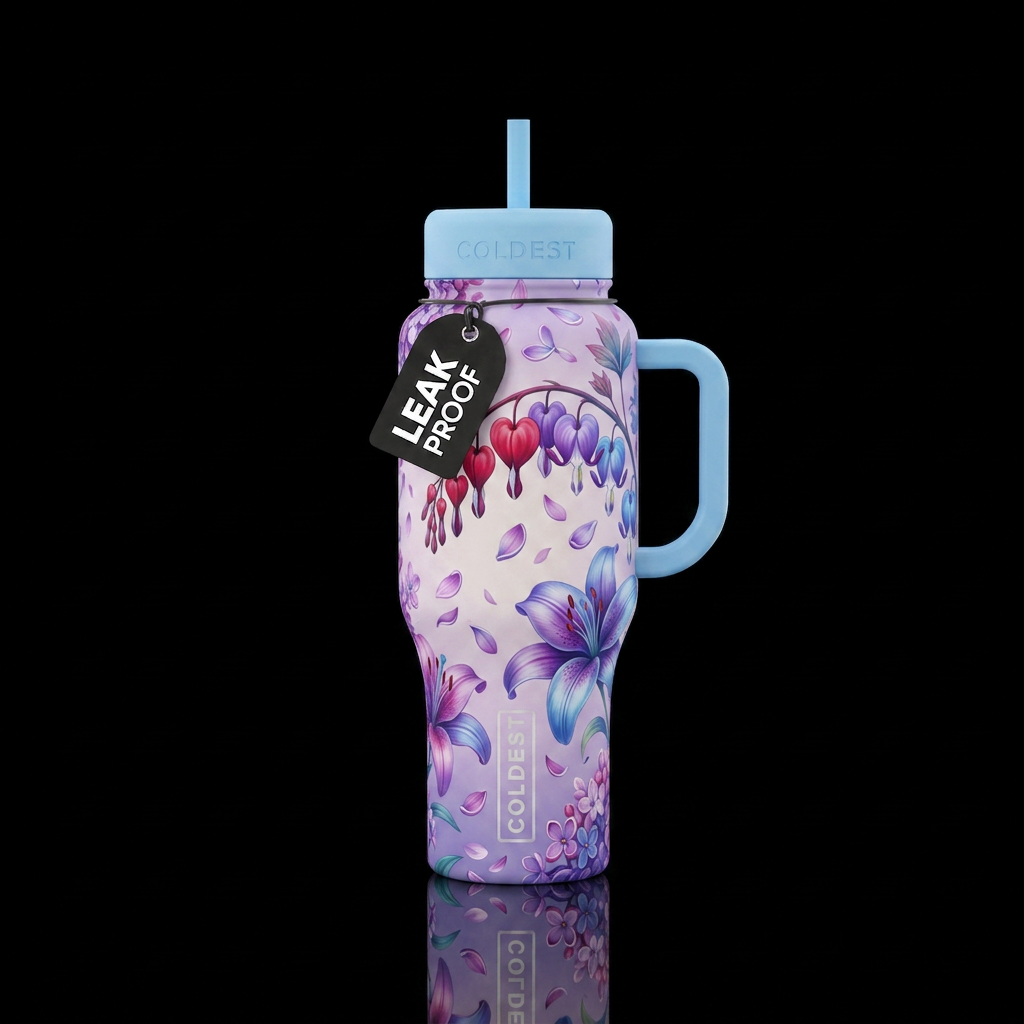 Two toned red and purple bleeding hearts flowers w... water bottle design