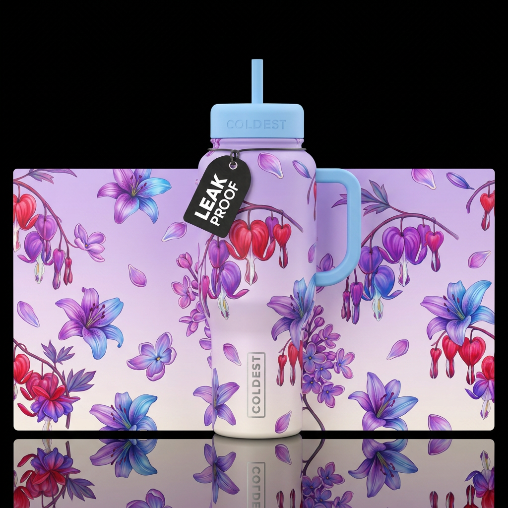 Two toned red and purple bleeding hearts flowers w... water bottle design