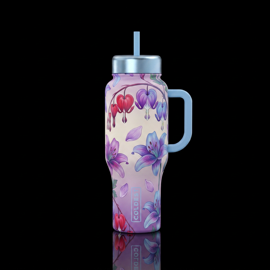 Two toned red and purple bleeding hearts flowers w... water bottle design