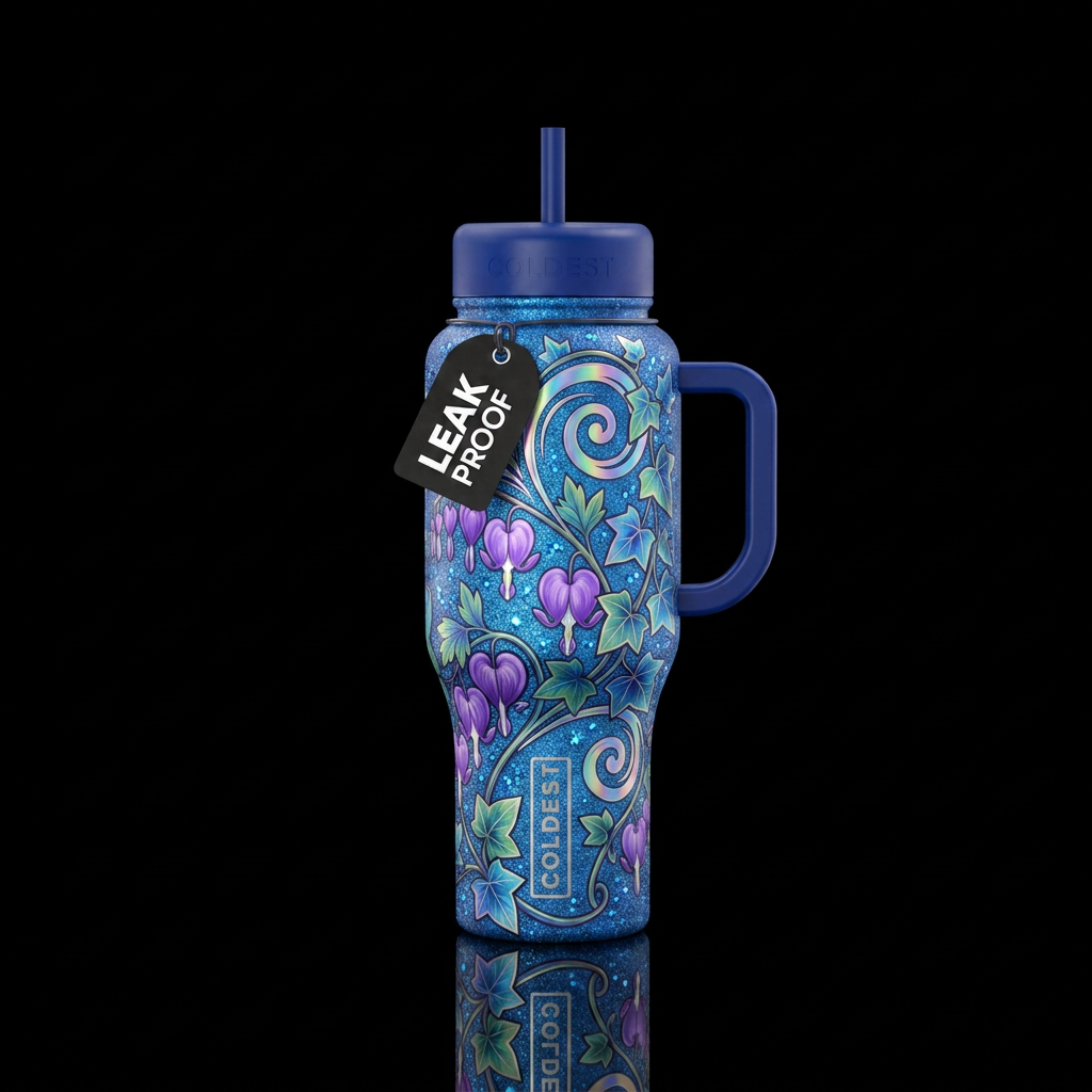 Purple Bleeding hearts flowers with two toned ivy ... water bottle design