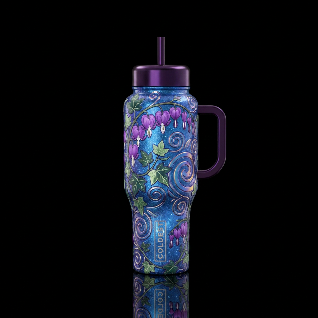 Purple Bleeding hearts flowers with two toned ivy ... water bottle design