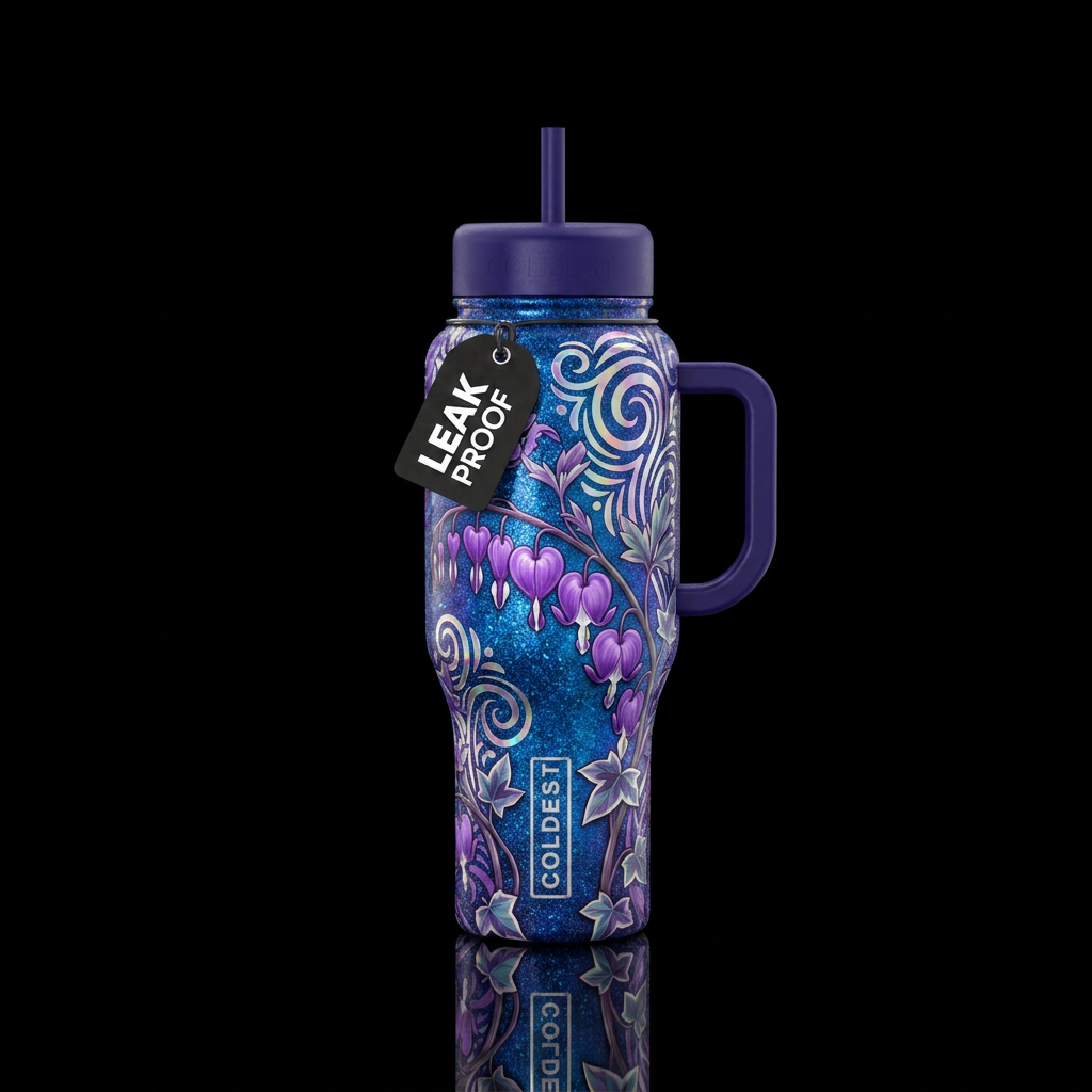 Purple Bleeding hearts flowers with two toned ivy ... water bottle design