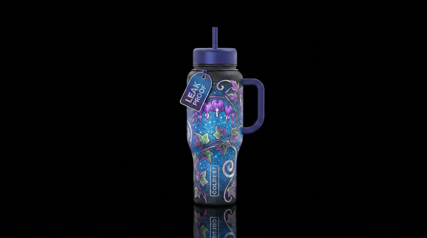 Purple Bleeding hearts flowers with two toned ivy ... water bottle design