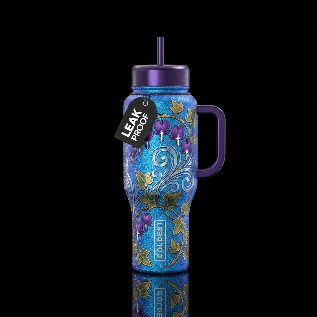 Purple Bleeding hearts flowers with two toned ivy ... water bottle design