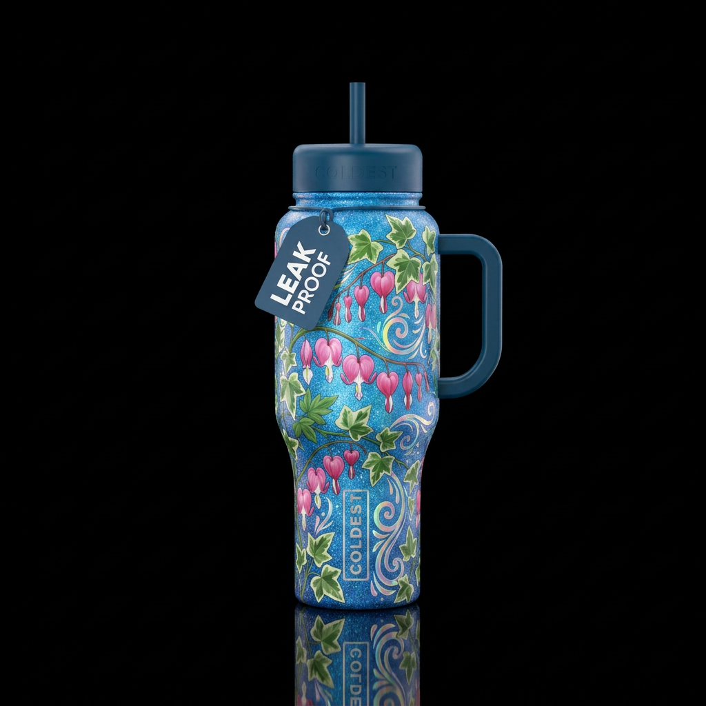 Bleeding hearts flowers with two toned ivy vines w... water bottle design