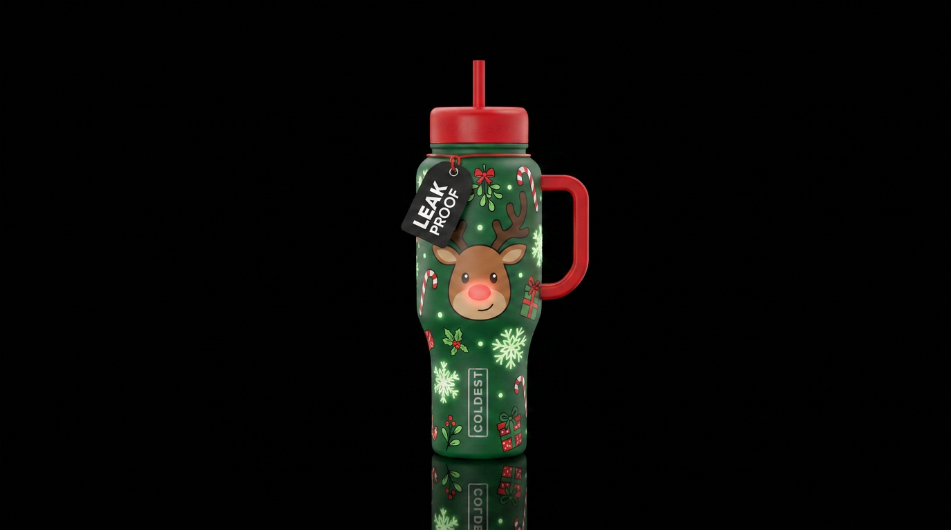 Cute cartoon Rudolph the red nose reindeer with gl... water bottle design
