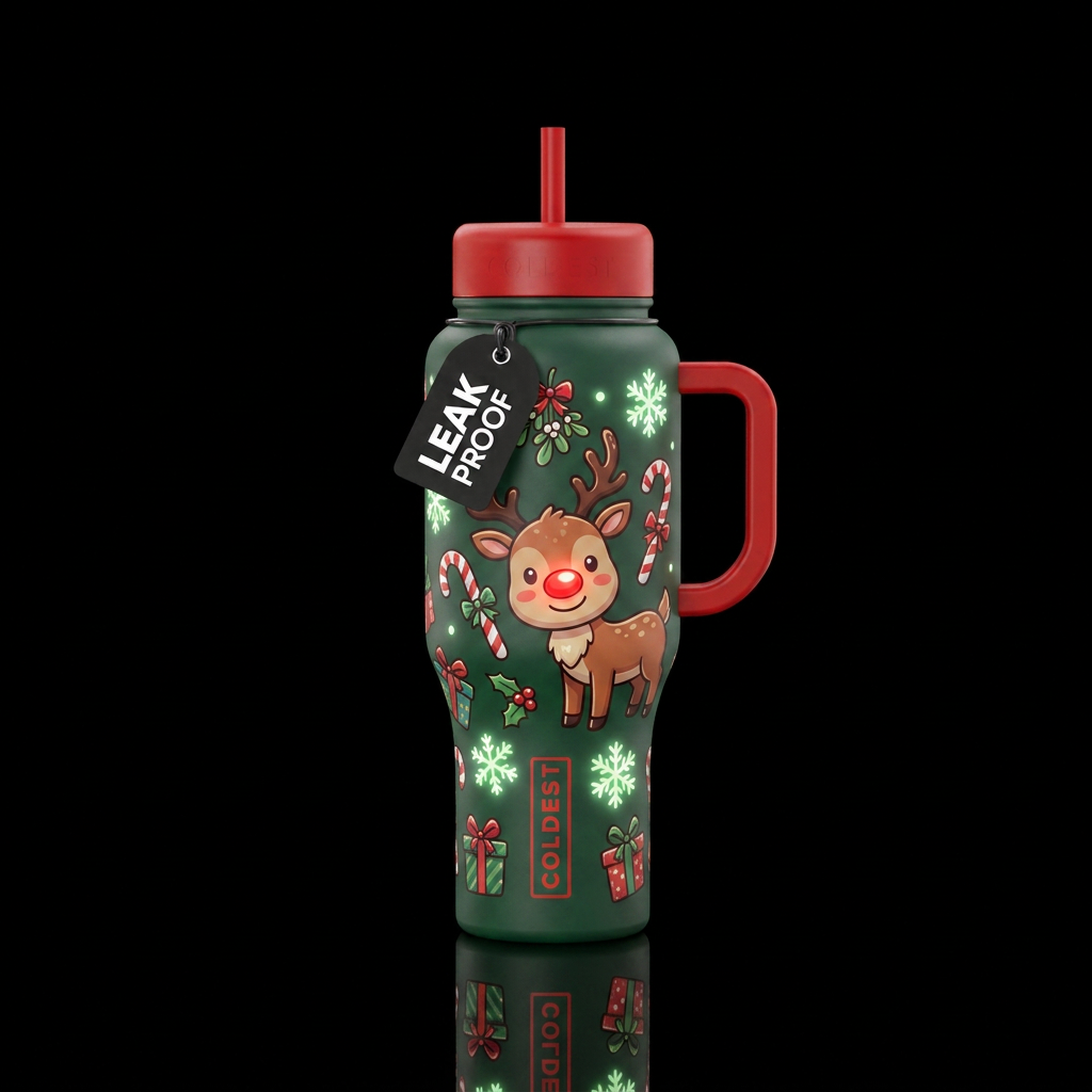 Cute cartoon Rudolph the red nose reindeer with gl... water bottle design