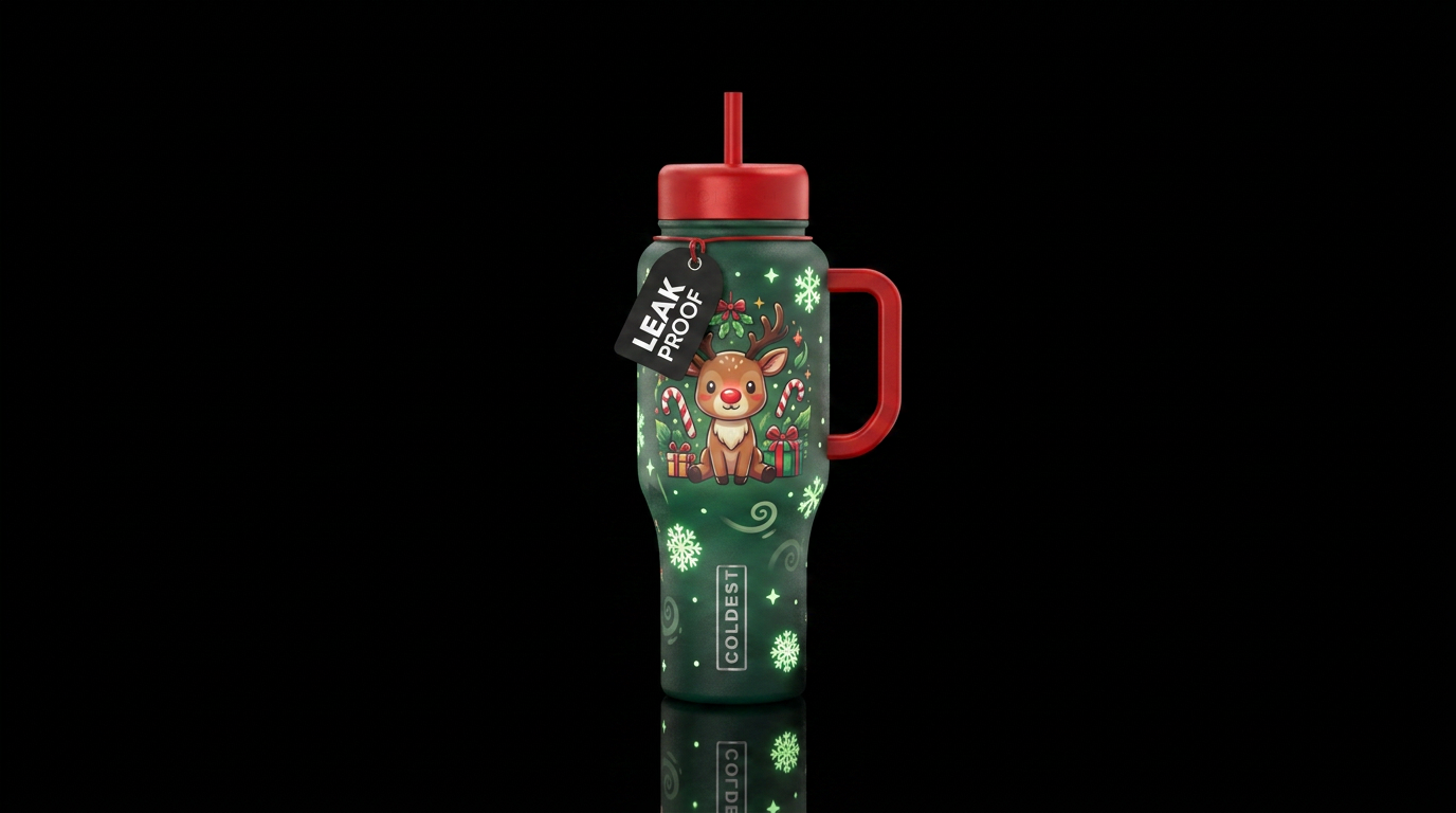 Cute cartoon Rudolph the red nose reindeer with gl... water bottle design