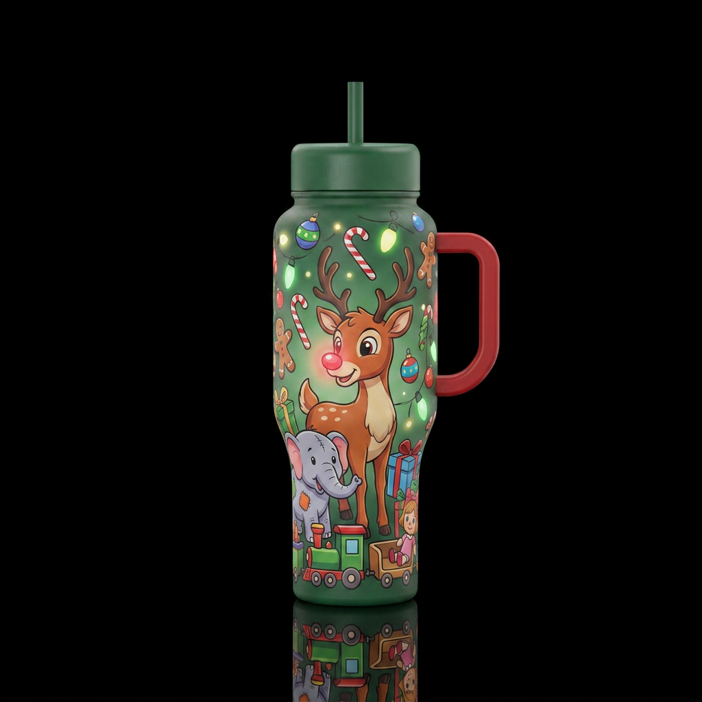 Cartoon inbued Rudolph the red nose reindeer with ... water bottle design