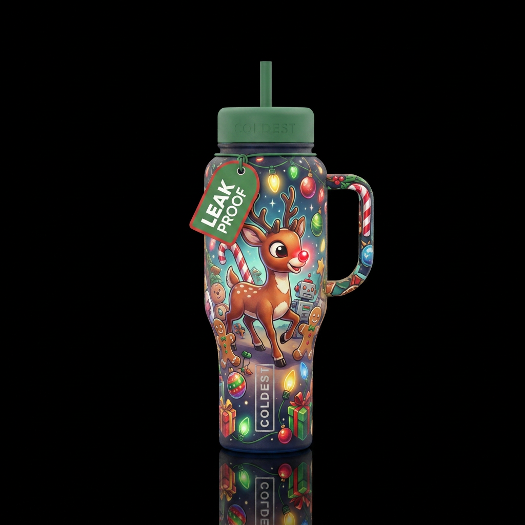 Cartoon inbued Rudolph the red nose reindeer with ... water bottle design