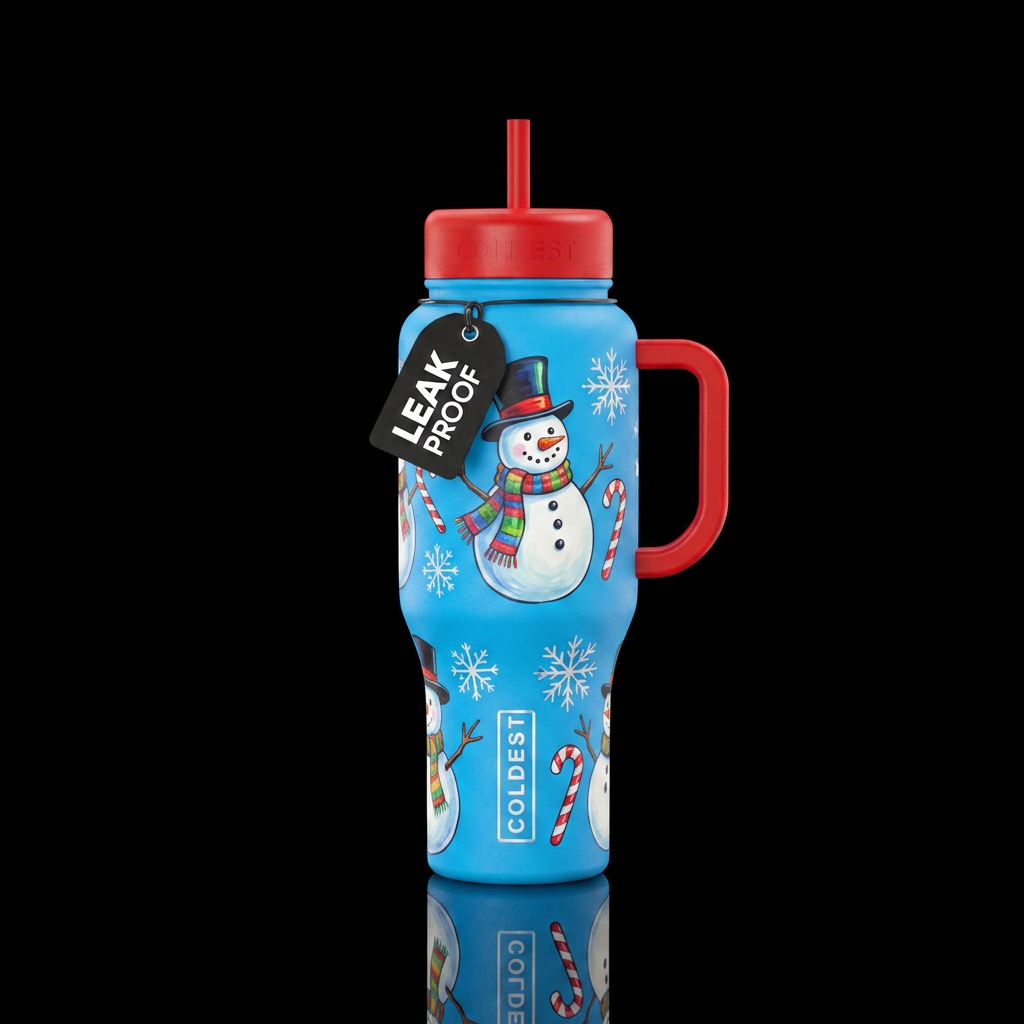 Hand painted snowmen with top hats scarves hand pa... water bottle design