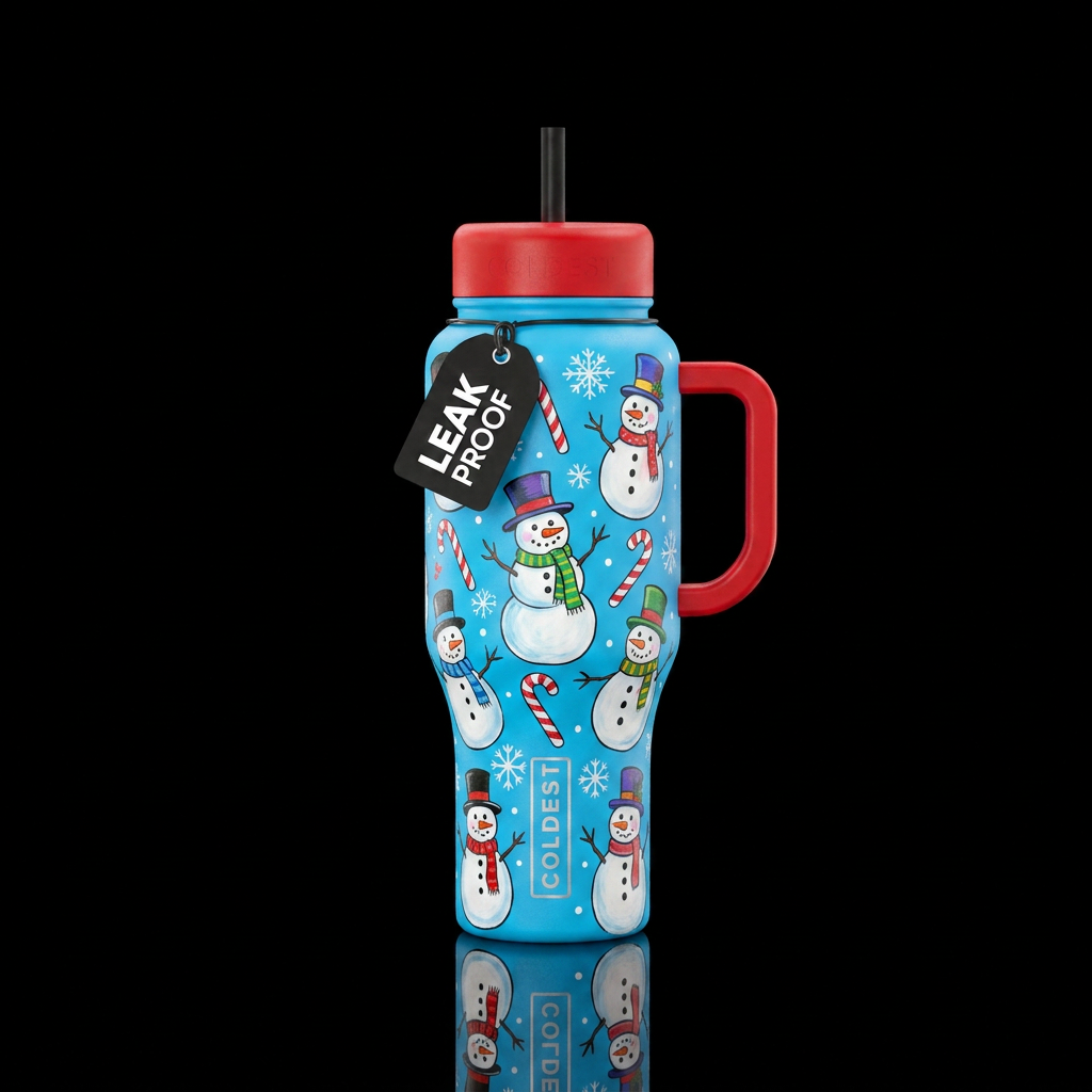 Hand painted snowmen with top hats scarves hand pa... water bottle design