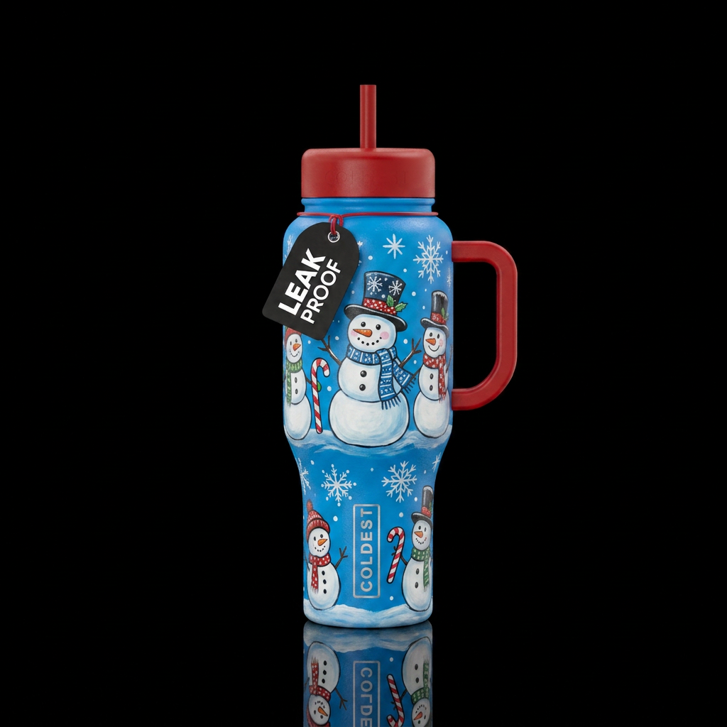 Hand painted snowmen with top hats scarves hand pa... water bottle design
