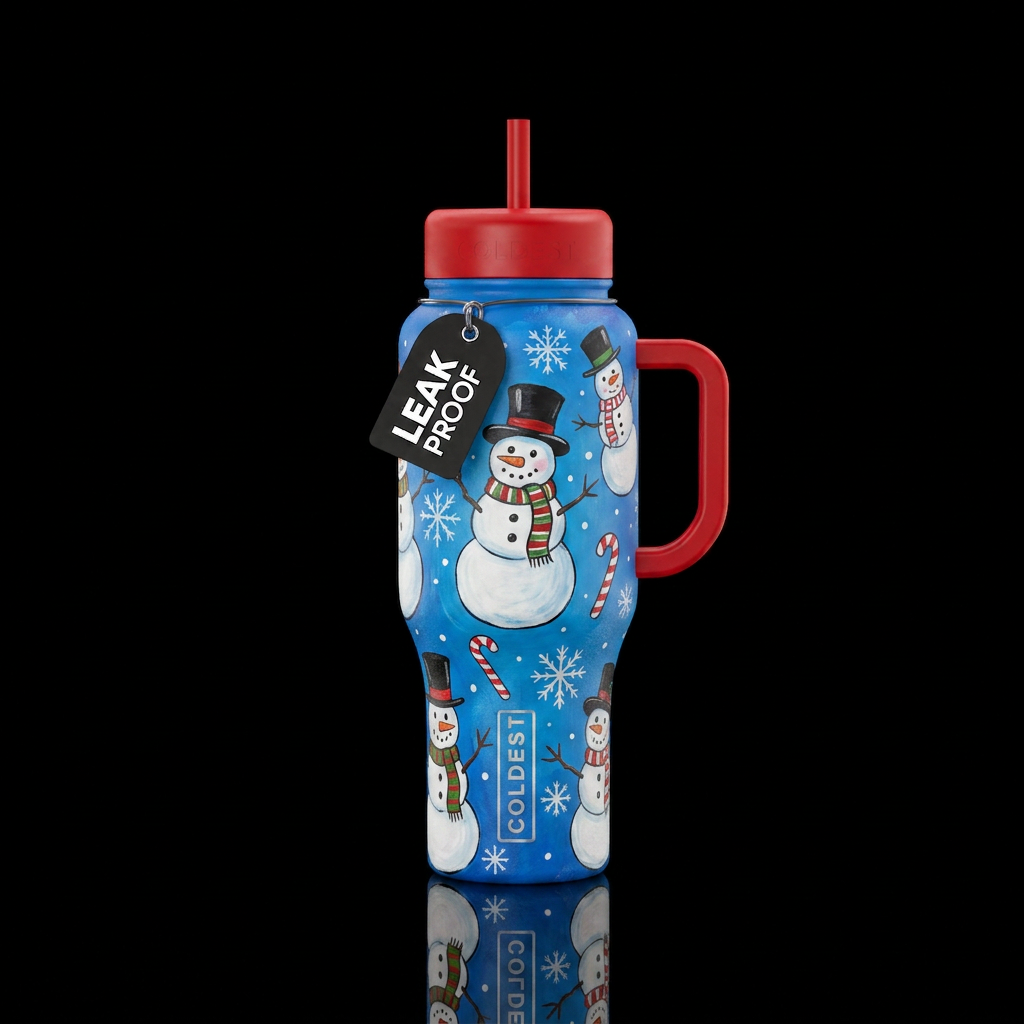 Hand painted snowmen with top hats scarves hand pa... water bottle design