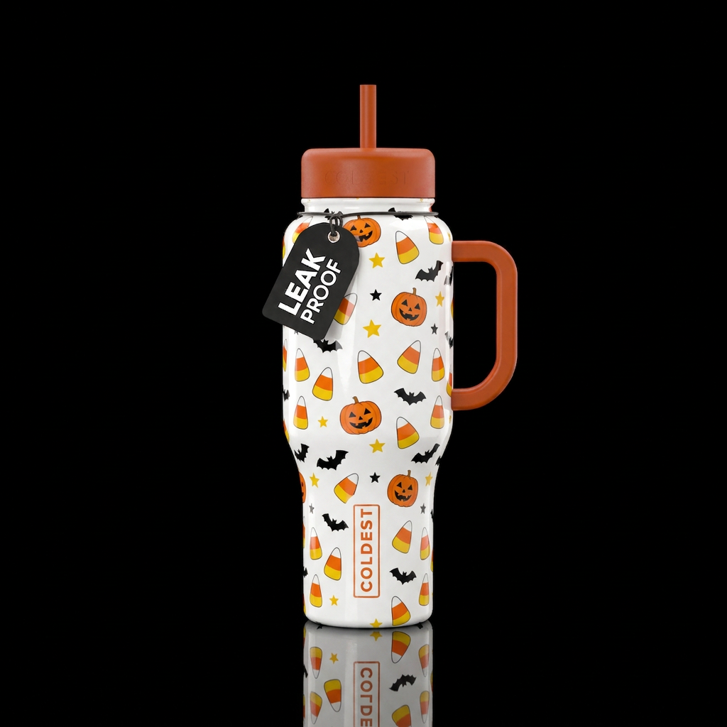 Glossy white background with candy corns and Jack-... water bottle design