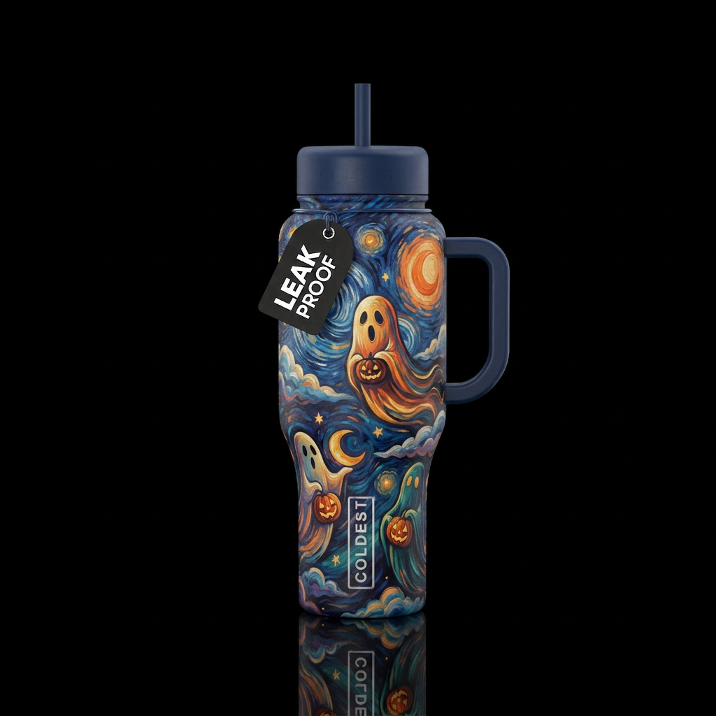 Van Gogh inspired stars painted with ghosts holdin... water bottle design