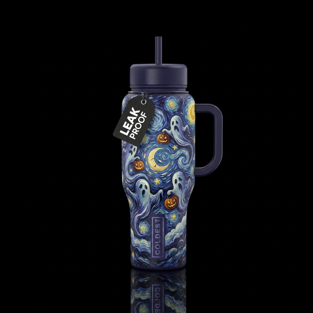 Van Gogh inspired stars painted with ghosts holdin... water bottle design