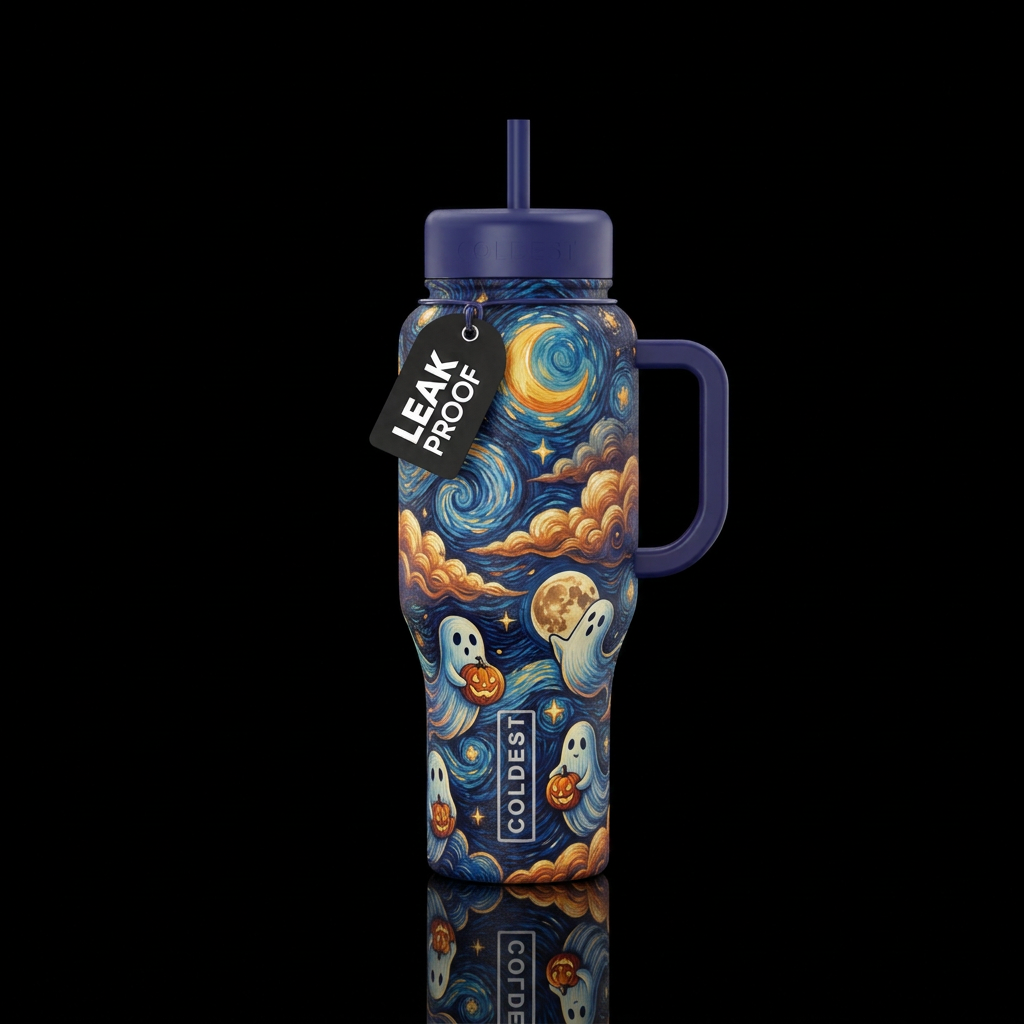 Van Gogh inspired stars painted with ghosts holdin... water bottle design